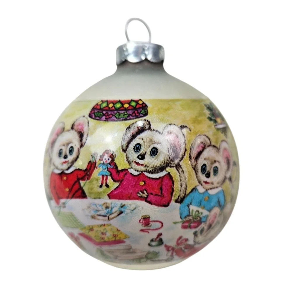 Vtg Corning Glass Works Christmas Ornaments of Mice Family Kitchen Holiday Decor